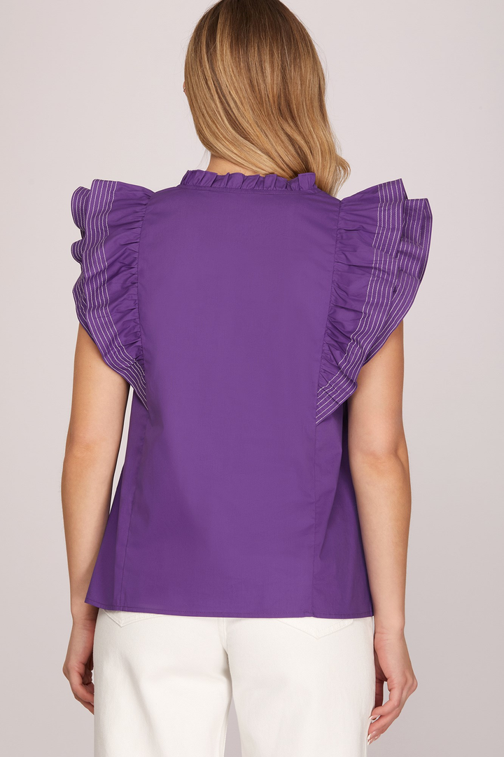 Purple short-sleeve top with ruffle-stitch detail