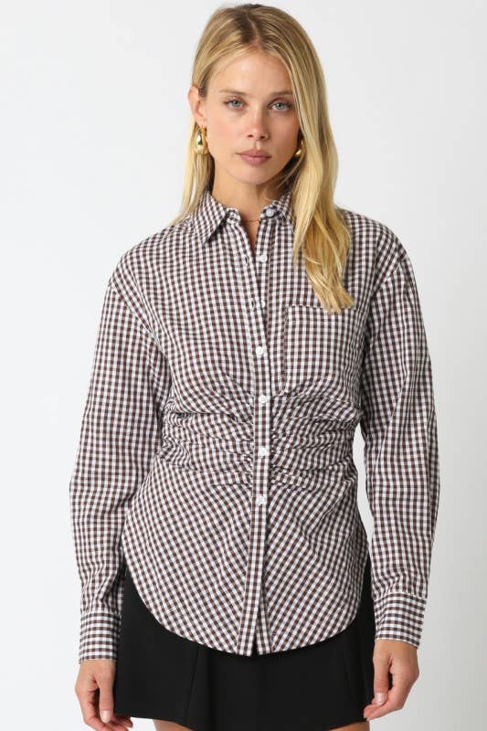 Gingham Ruched Button-Front Top