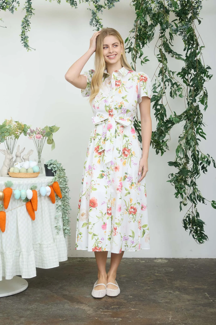 FLORAL BELTED MIDI SHIRT DRESS