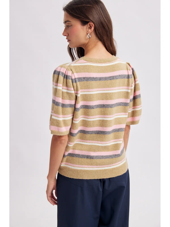 Green multi-stripe puff-sleeve knit top, back view