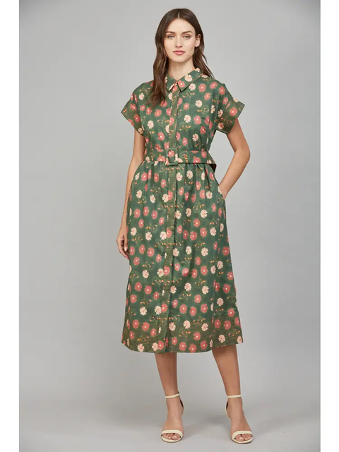 Flower Print Collar Midi Dress