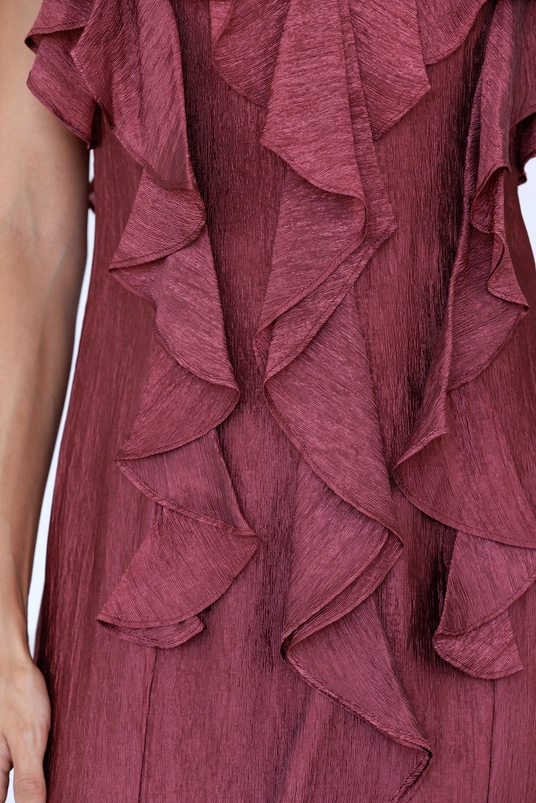 Raspberry ruffle-textured maxi dress, back view