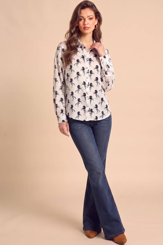 White / Black Horse-Print Snap-Button Blouse - front view
