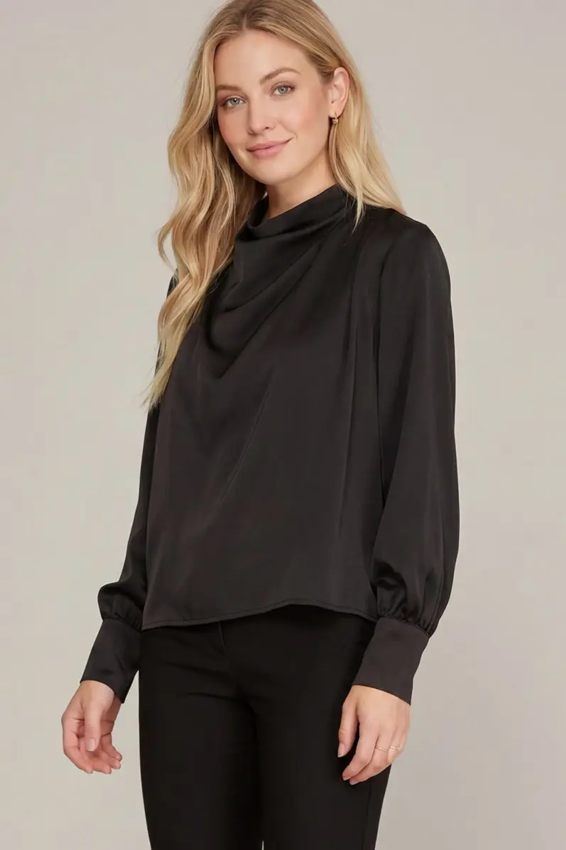SHE & SKY Satin Cowl-Neck Top in black - view 1