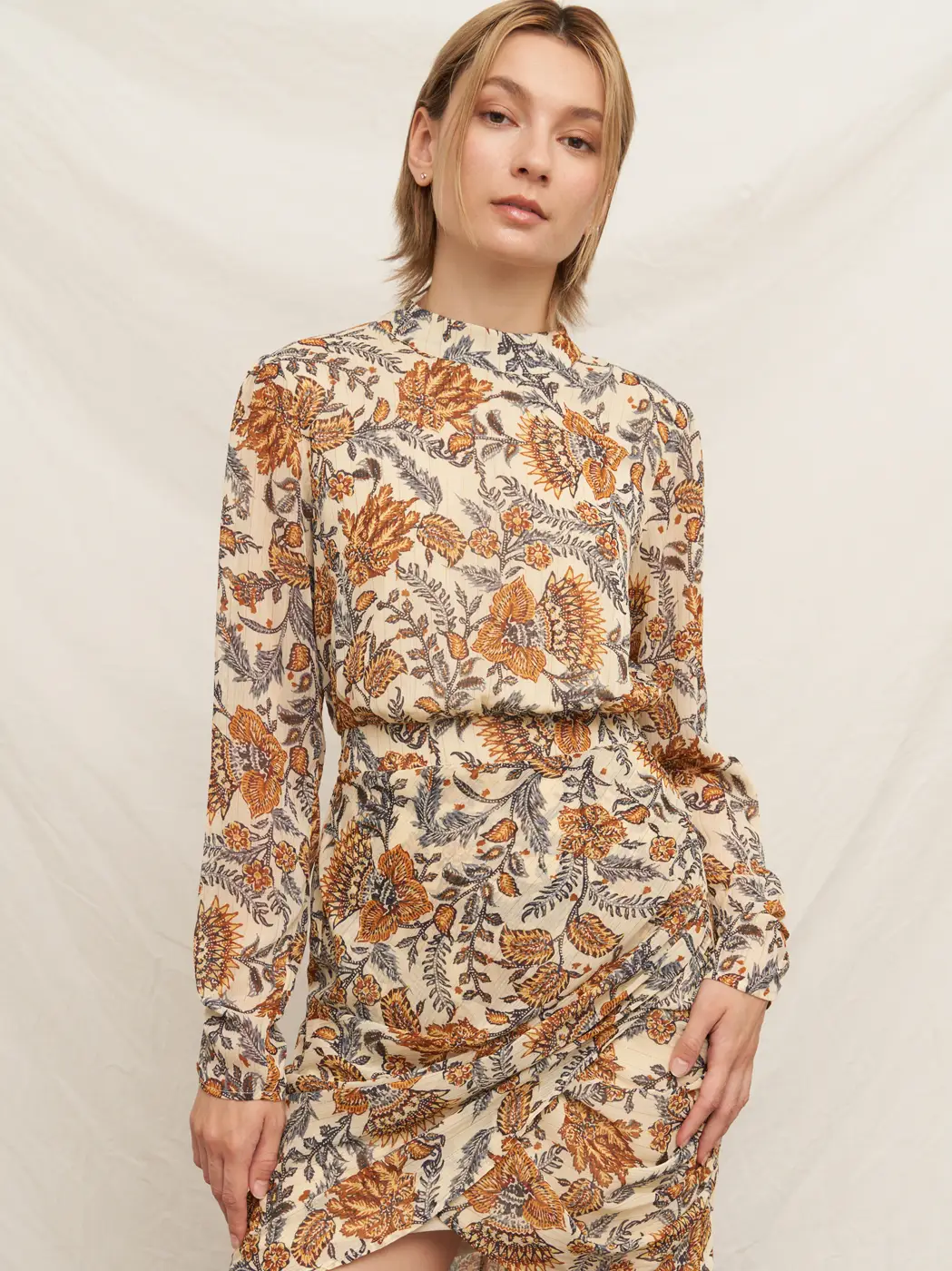 Cream / Brown Botanical Mock-Neck Mini Dress - front view