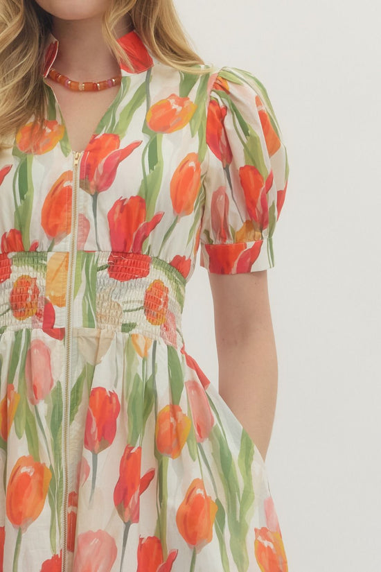 FLORAL PUFF SLEEVE ZIP MIDI DRESS
