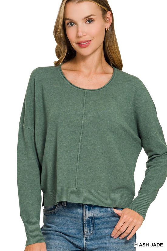 Green front-seam dolman long-sleeve sweater