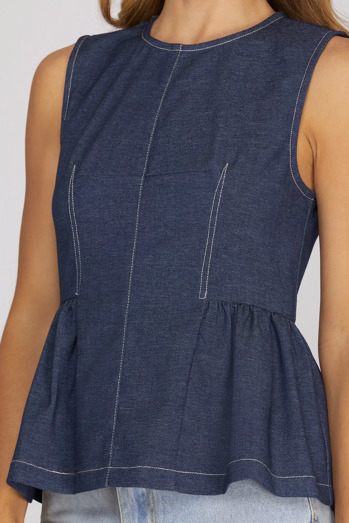 Blue / Black Sleeveless Peplum Top - styled view