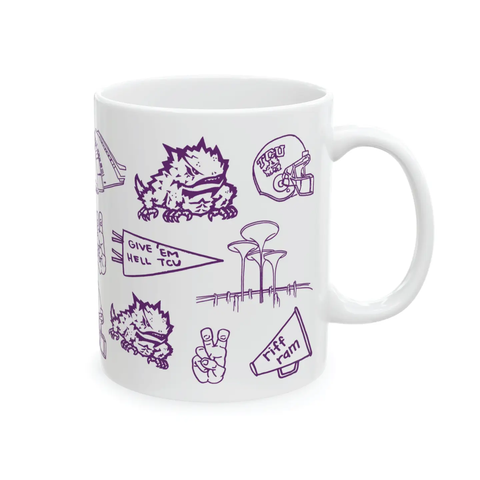 White 11-ounce TCU porcelain mug with purple campus artwork