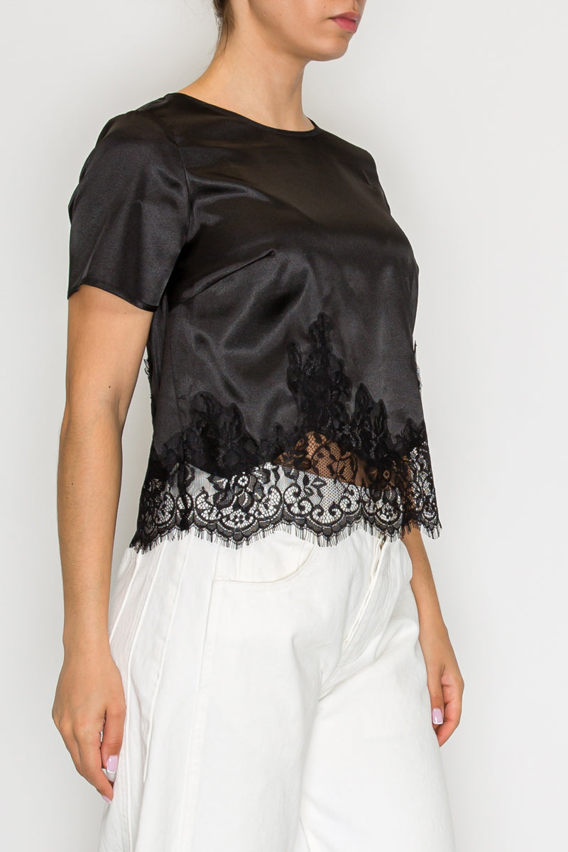 Black lace-detail satin top, alternate styling view