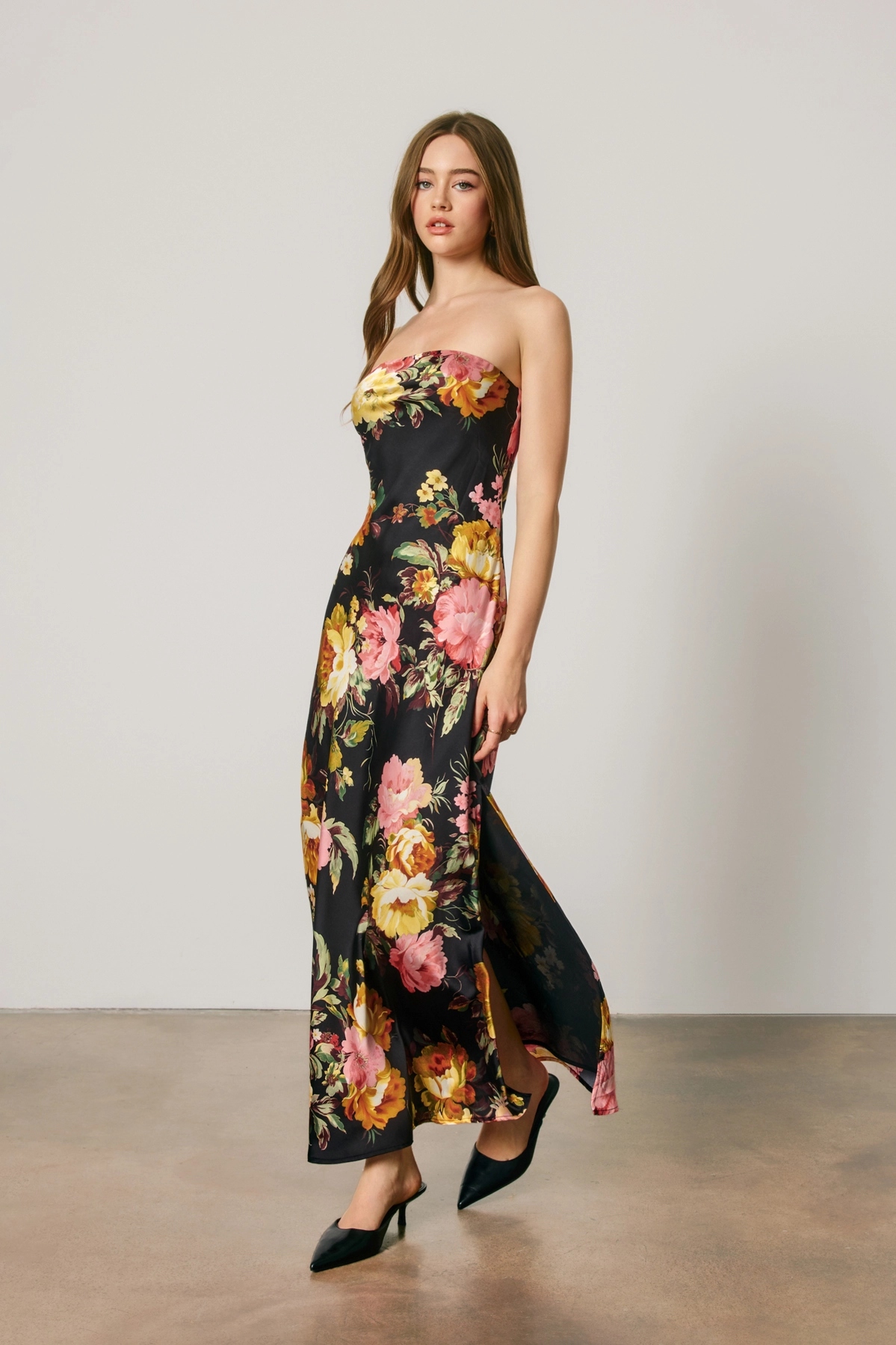 Black floral bias-cut maxi dress front view