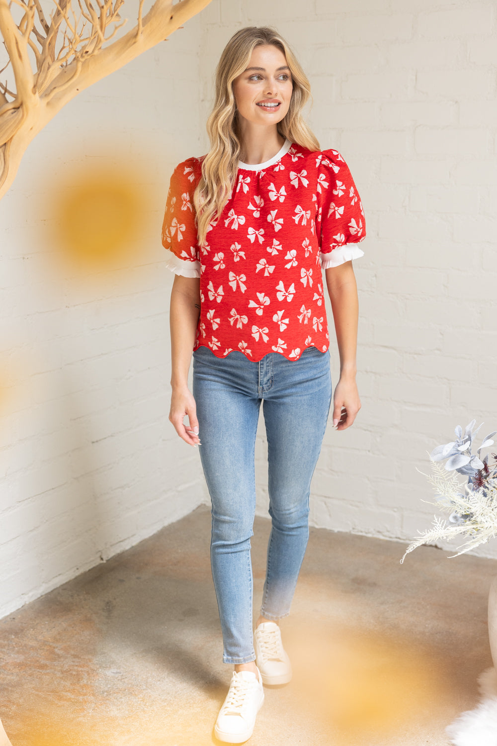 BOW PRINT VELVET TOP