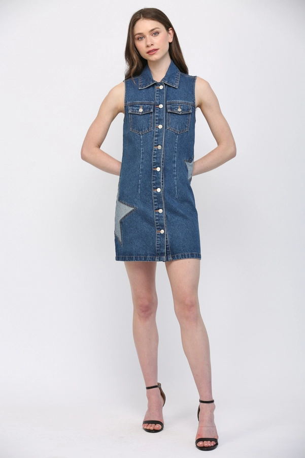 STAR PATCH DENIM MINI DRESS