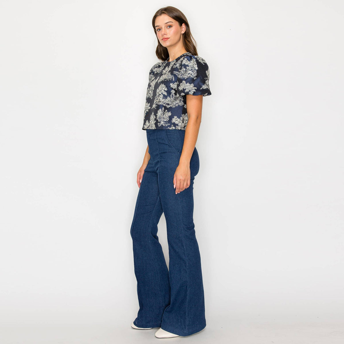 Toile Jacquard Puff-Sleeve Top