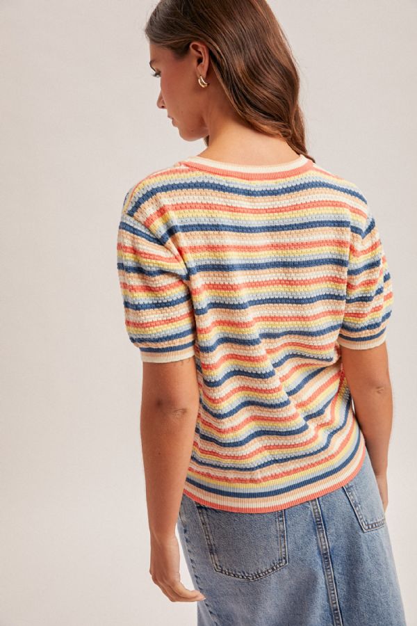 STRIPED POINTELLE KNIT TOP