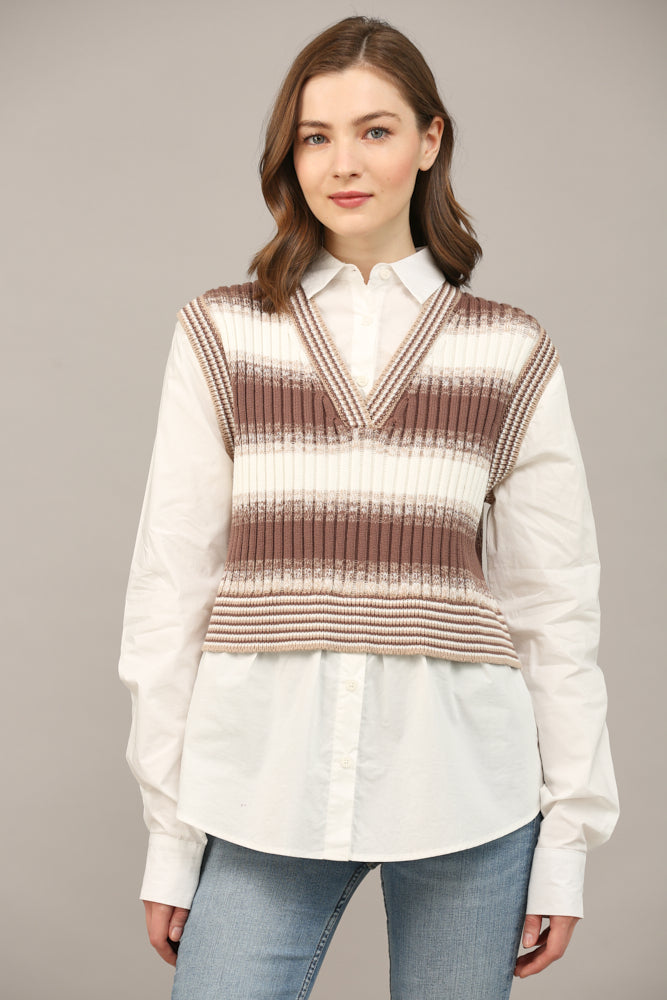 Model wearing white-and-brown vest-overlay twofer shirt
