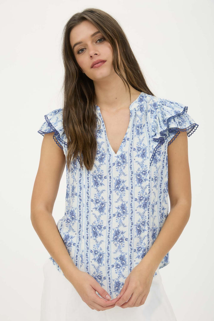 STRIPED FLORAL RUFFLE SLEEVE TOP
