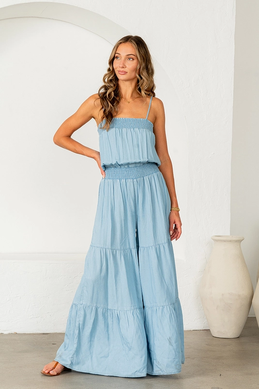 TIERED DENIM JUMPSUIT