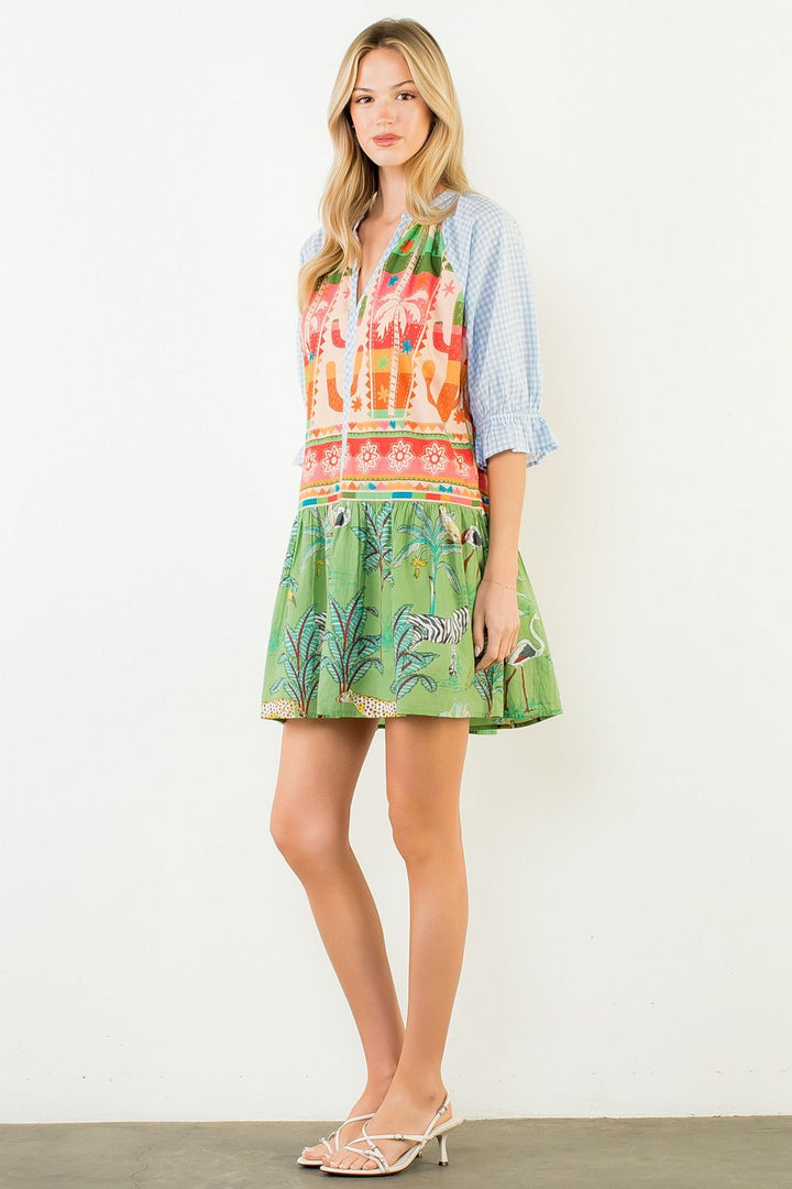 MIX PRINTED 3/4 SLEEVE VNECK DRESS