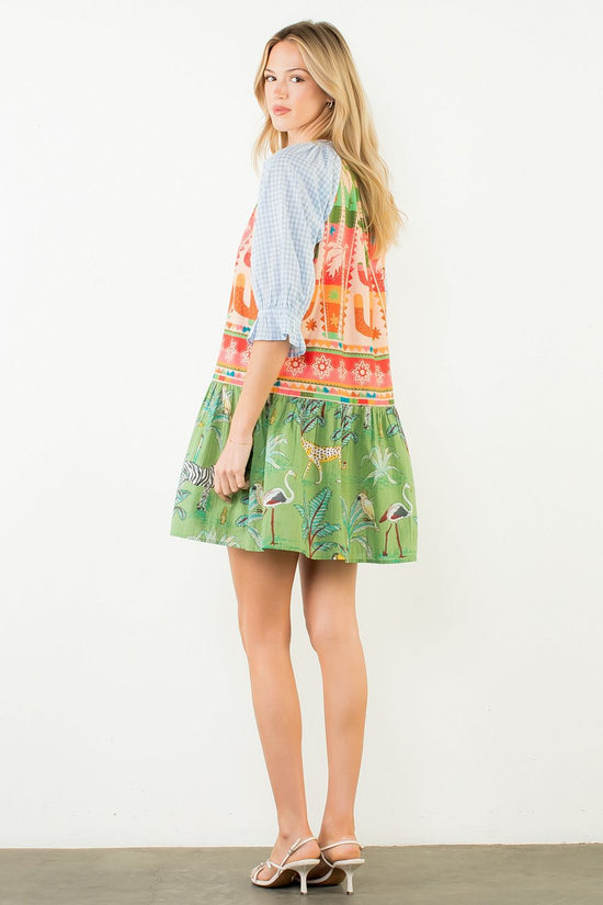 MIX PRINTED 3/4 SLEEVE VNECK DRESS