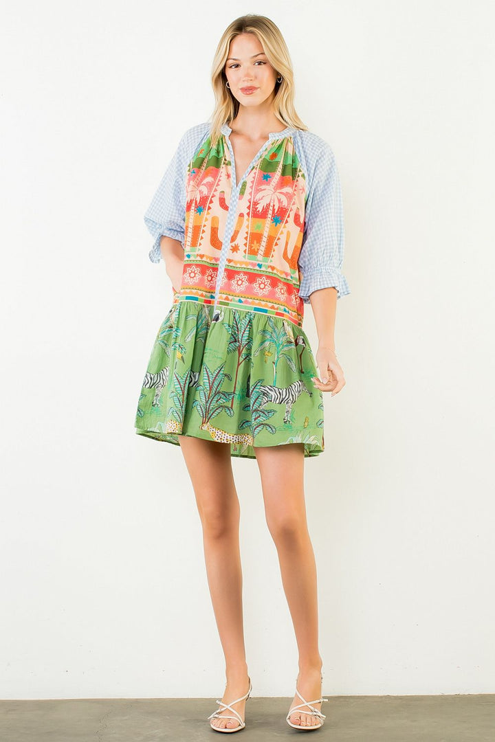MIX PRINTED 3/4 SLEEVE VNECK DRESS