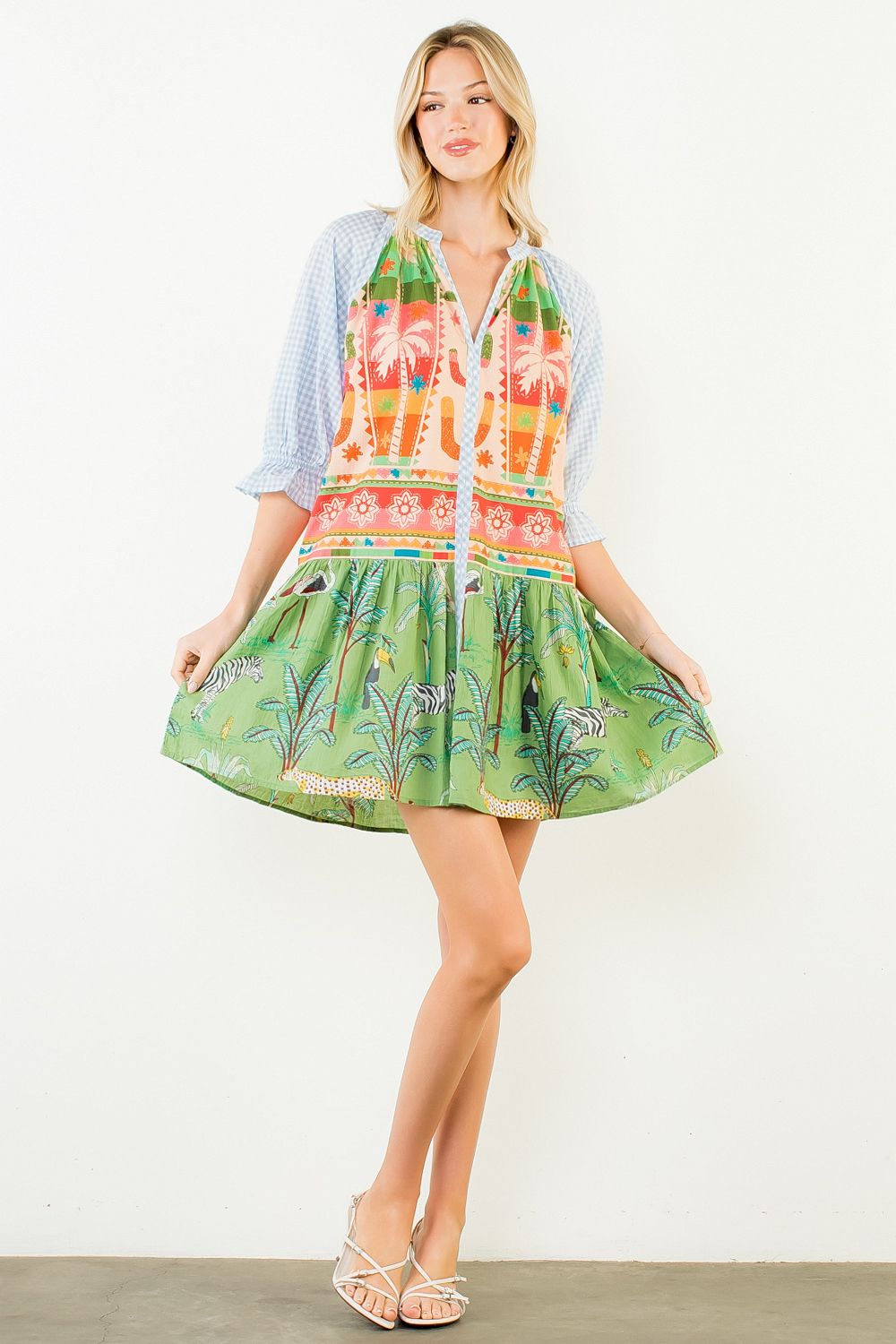MIX PRINTED 3/4 SLEEVE VNECK DRESS