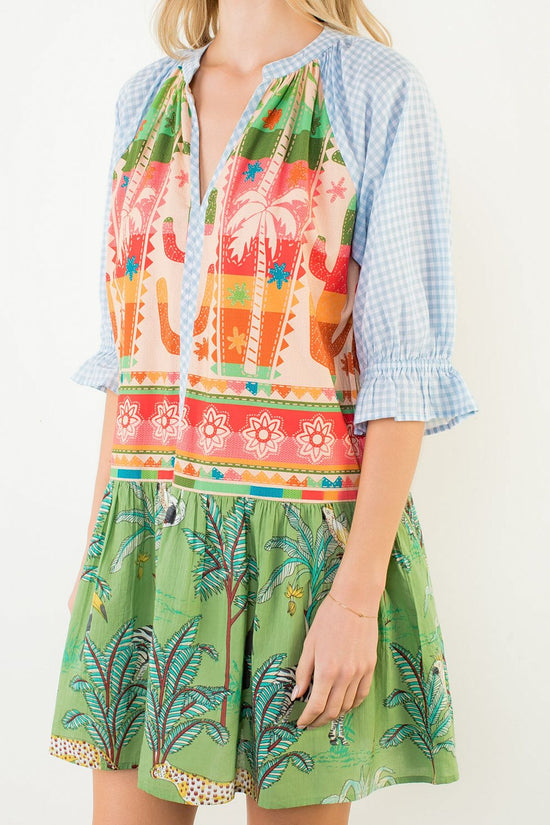 MIX PRINTED 3/4 SLEEVE VNECK DRESS