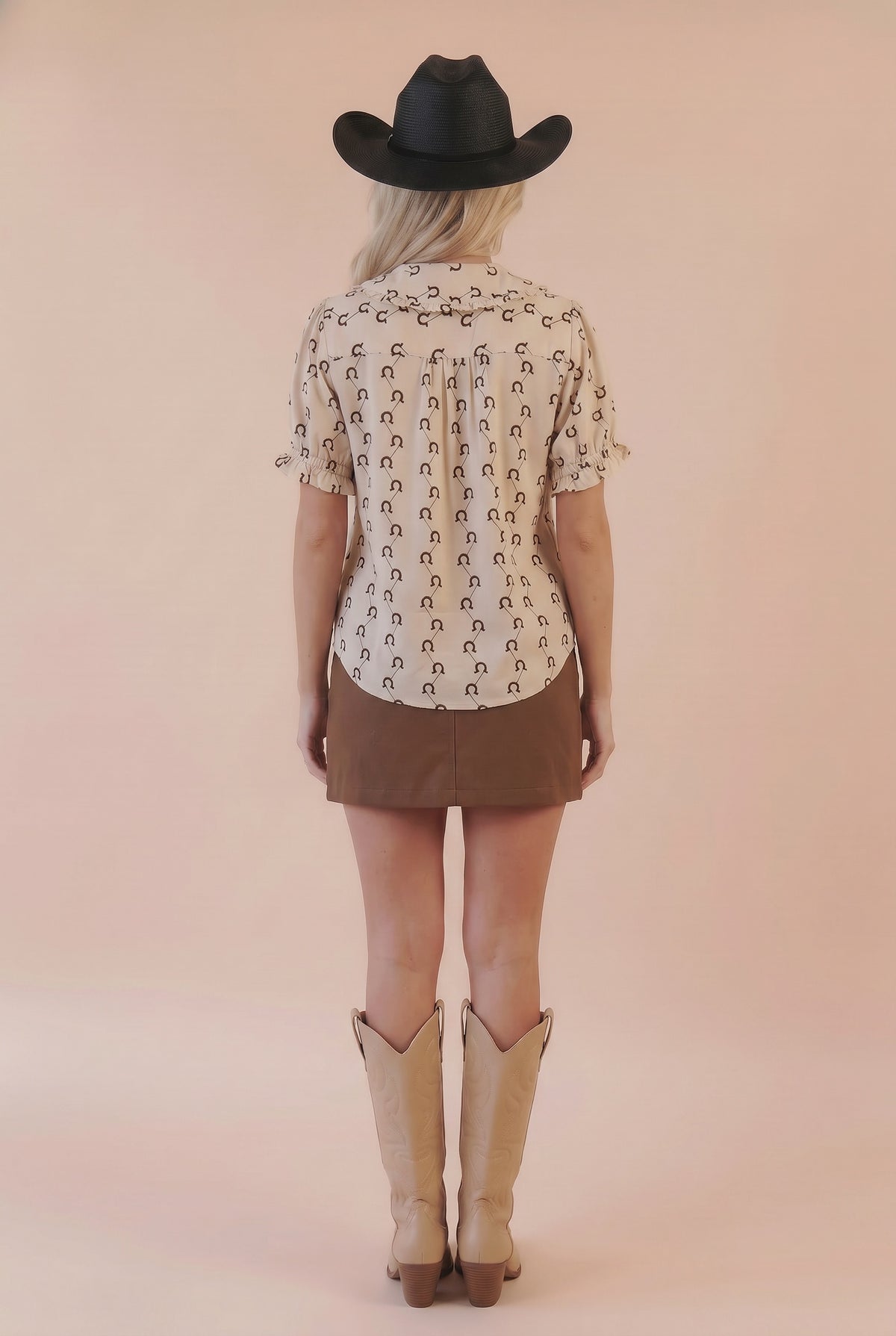 Ecru horseshoe-print collared short-sleeve top, back view