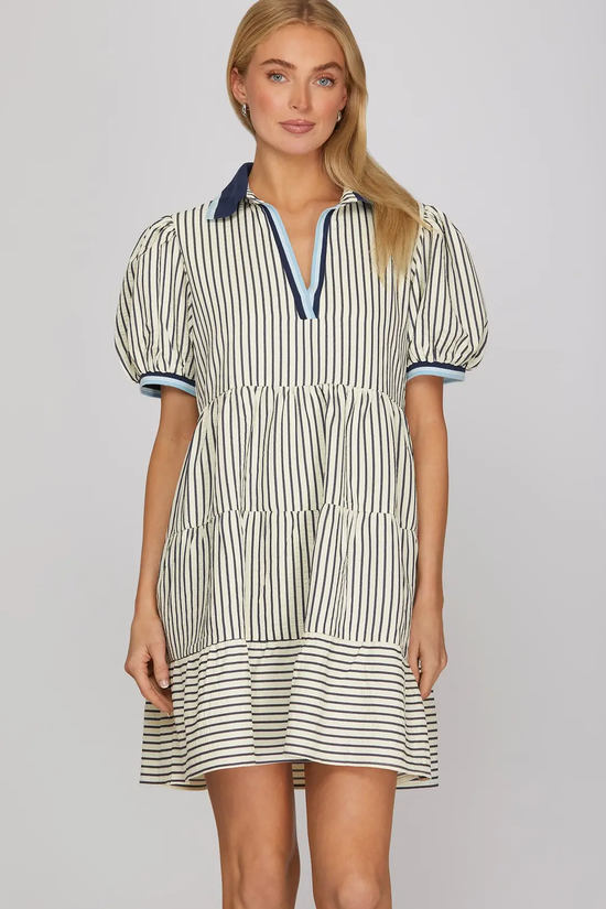 Navy striped mini dress with tiered skirt