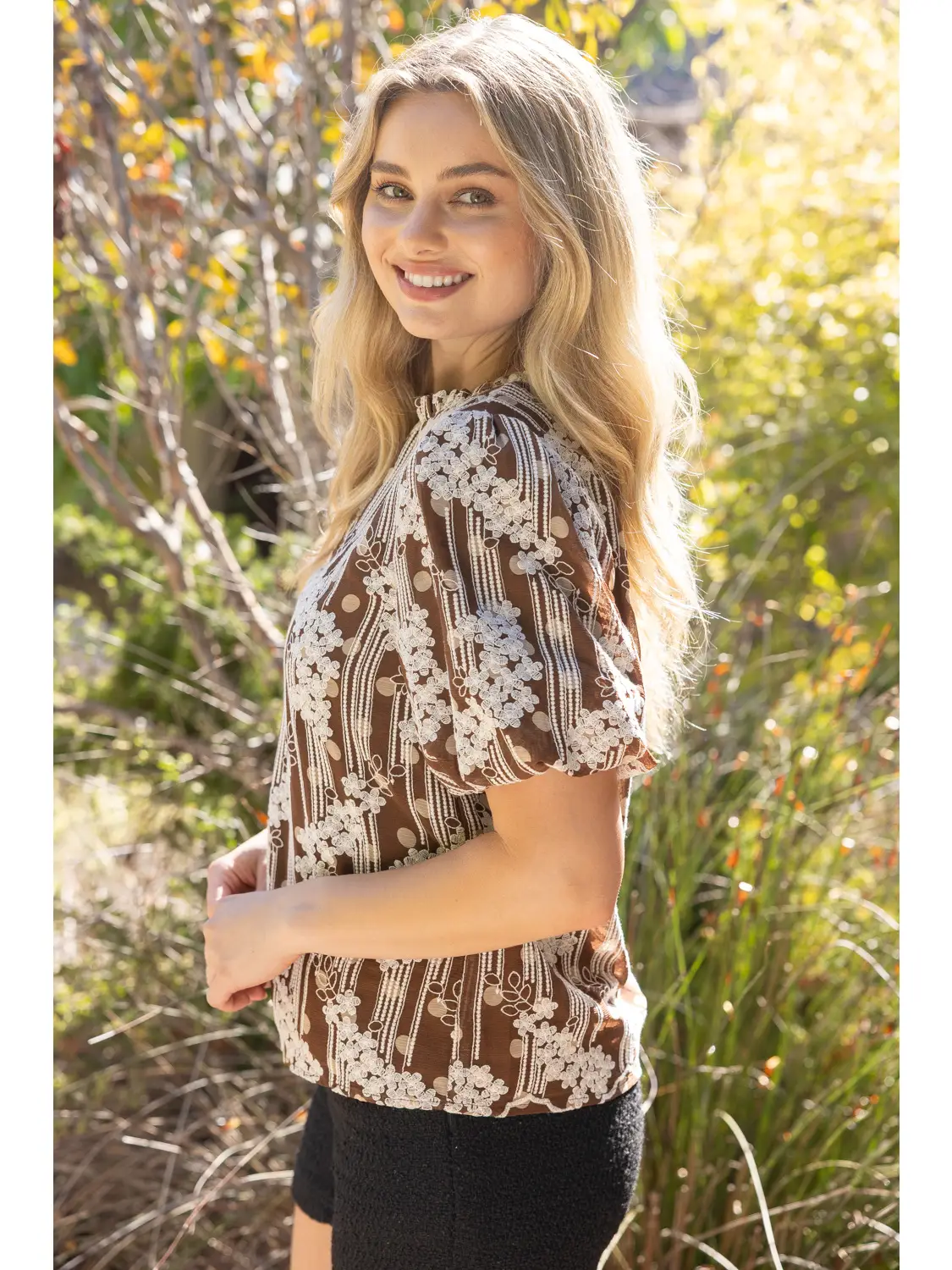 Brown chiffon floral top alternate view