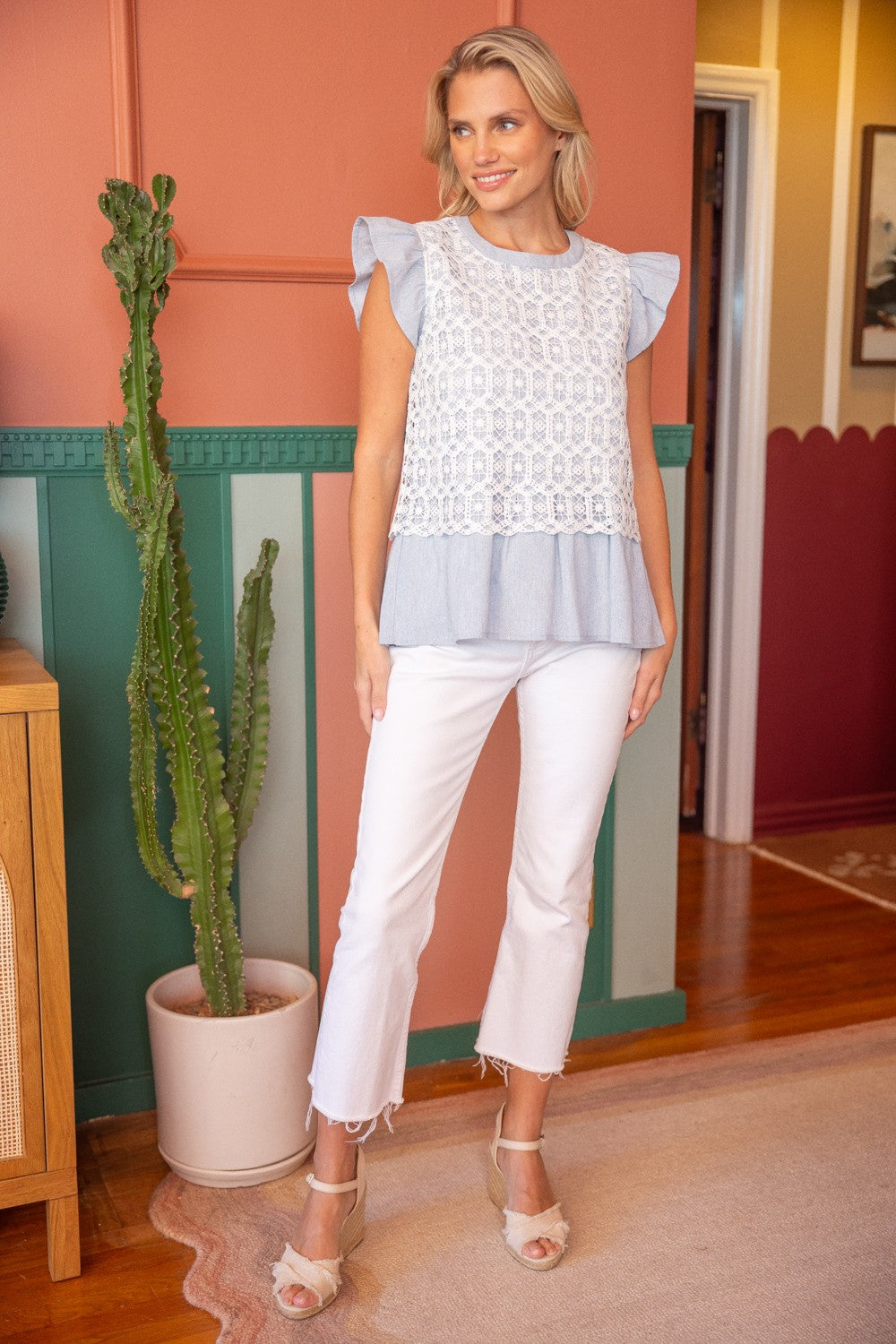 LACE LINEN PEPLUM TOP