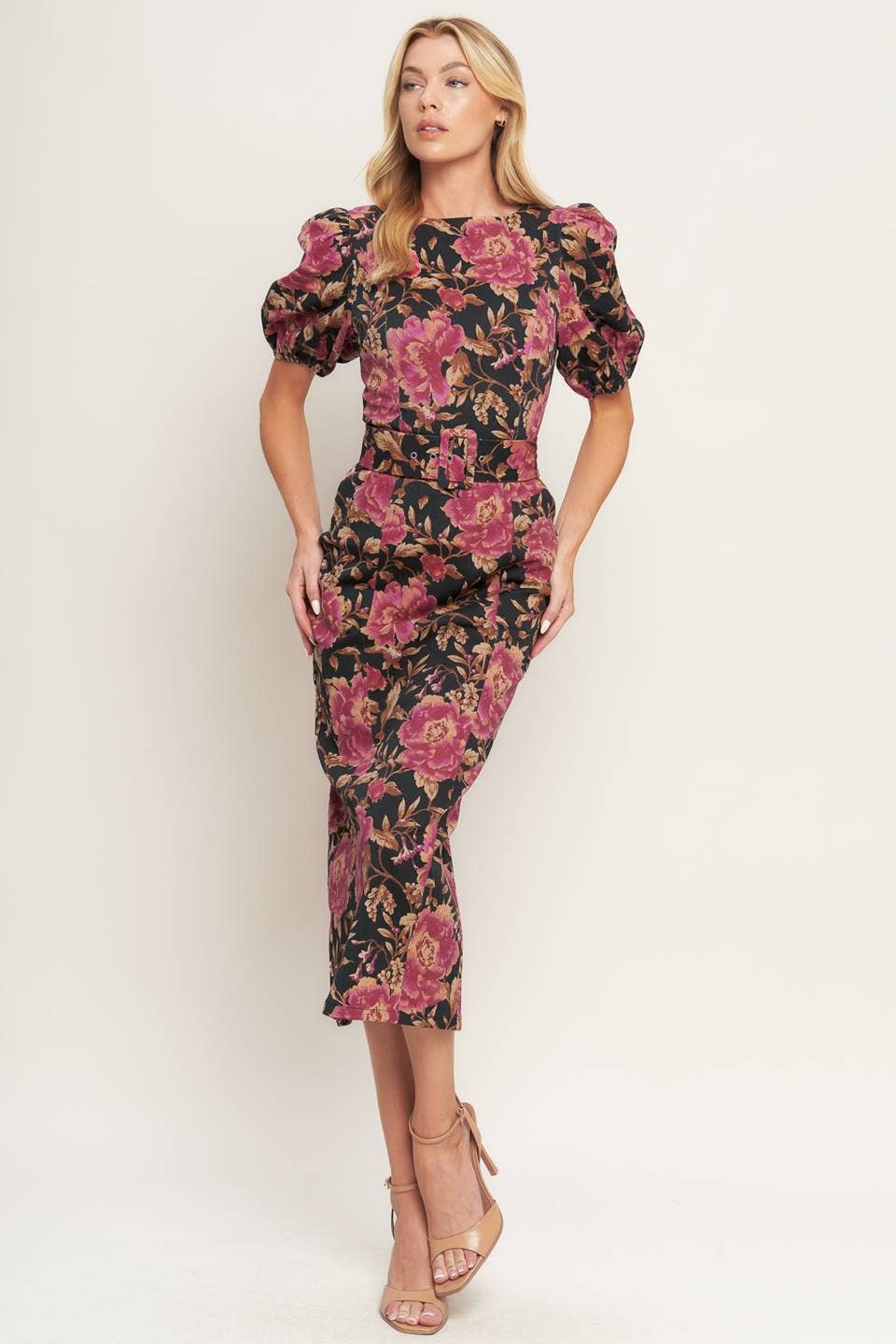 Floral Puff-Sleeve Pencil Midi Dress