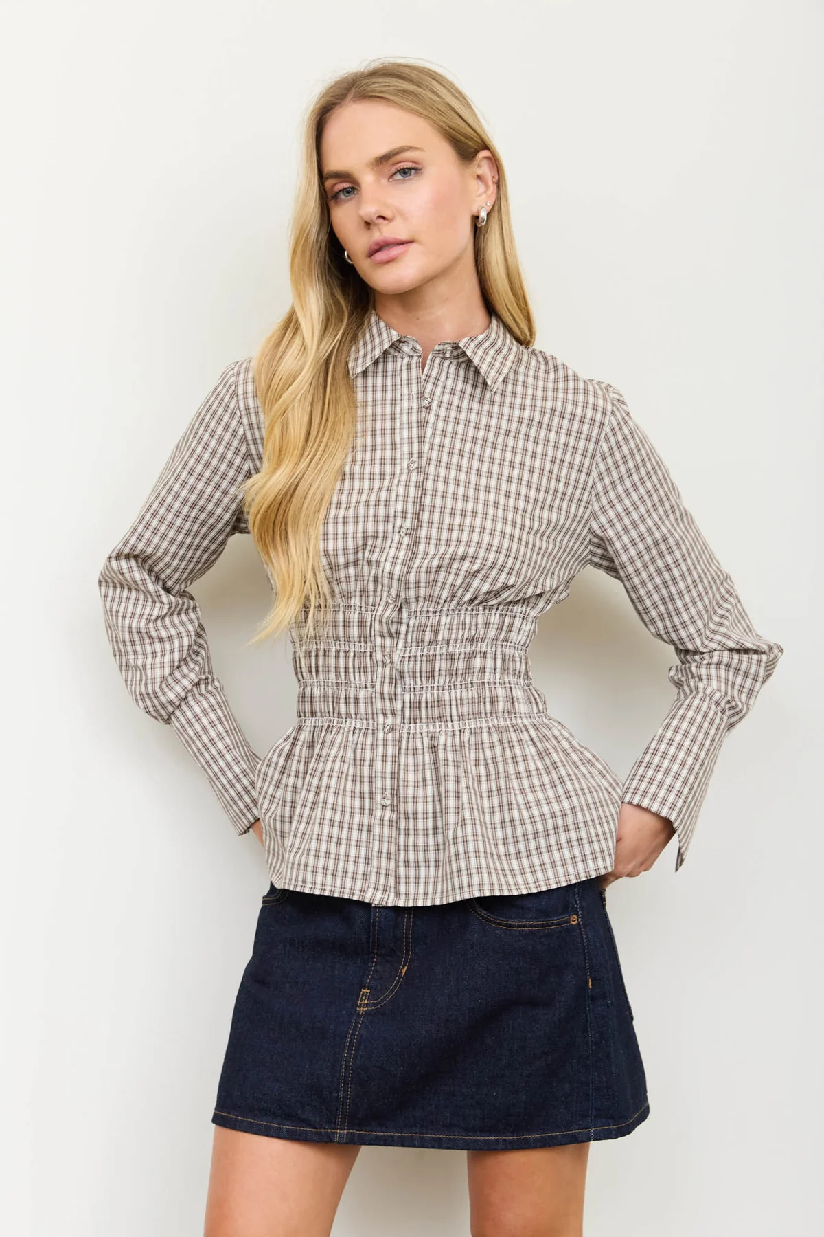 Plaid Shirred-Waist Shirt in brown - view 1