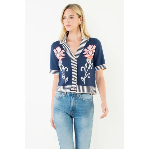 Floral Jacquard Sripe Trim Knit  Top