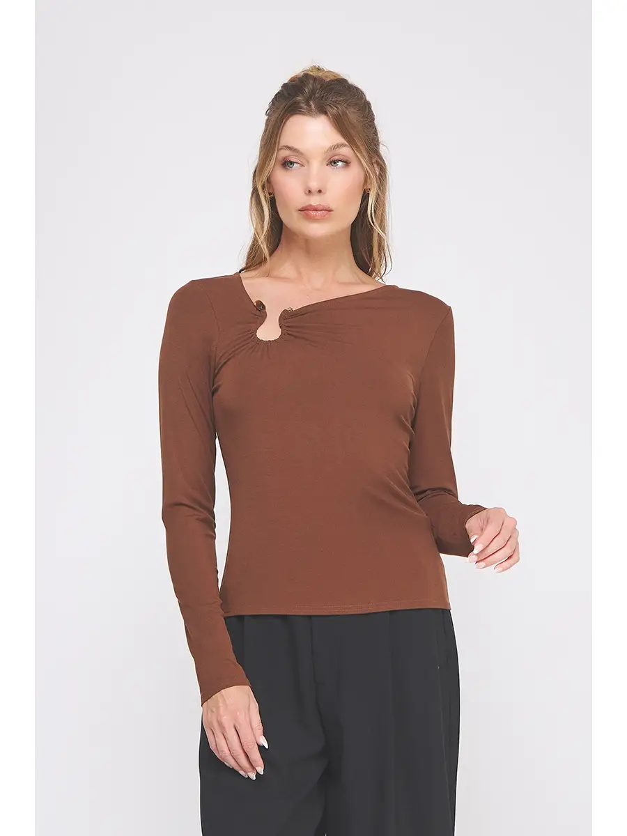 Brown long-sleeve asymmetric-neck top back view