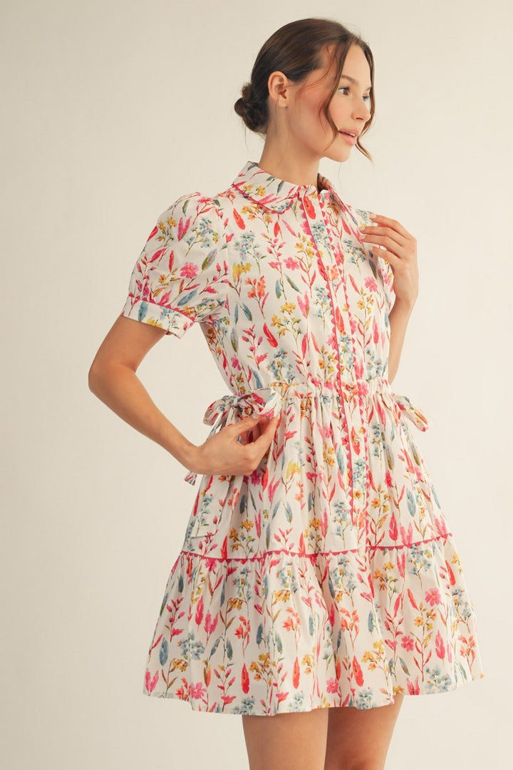 DRAWSTRING WAIST FLORAL MINI DRESS