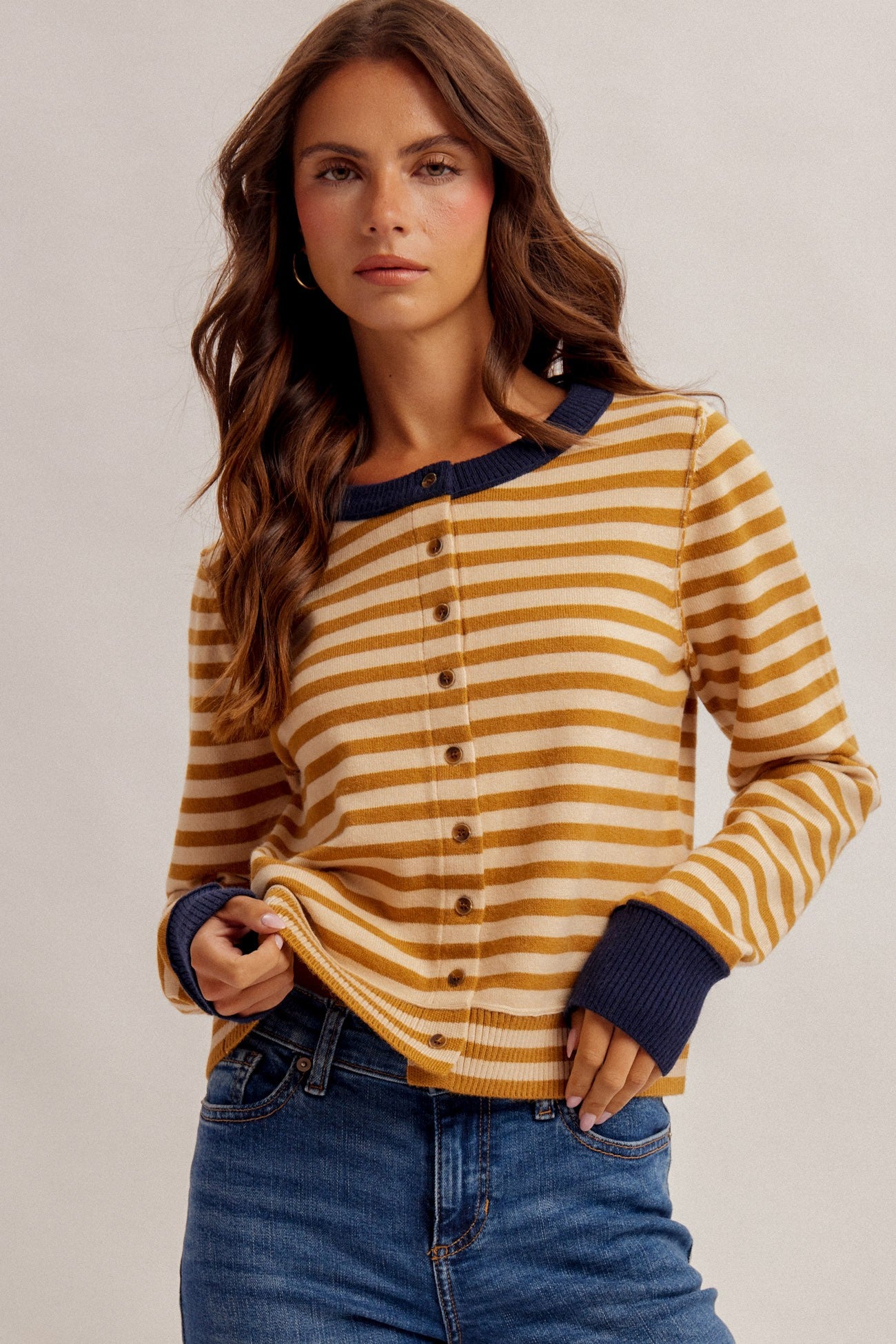 Contrast Colorblock Stripe Cardigan in mustard and navy - view 1