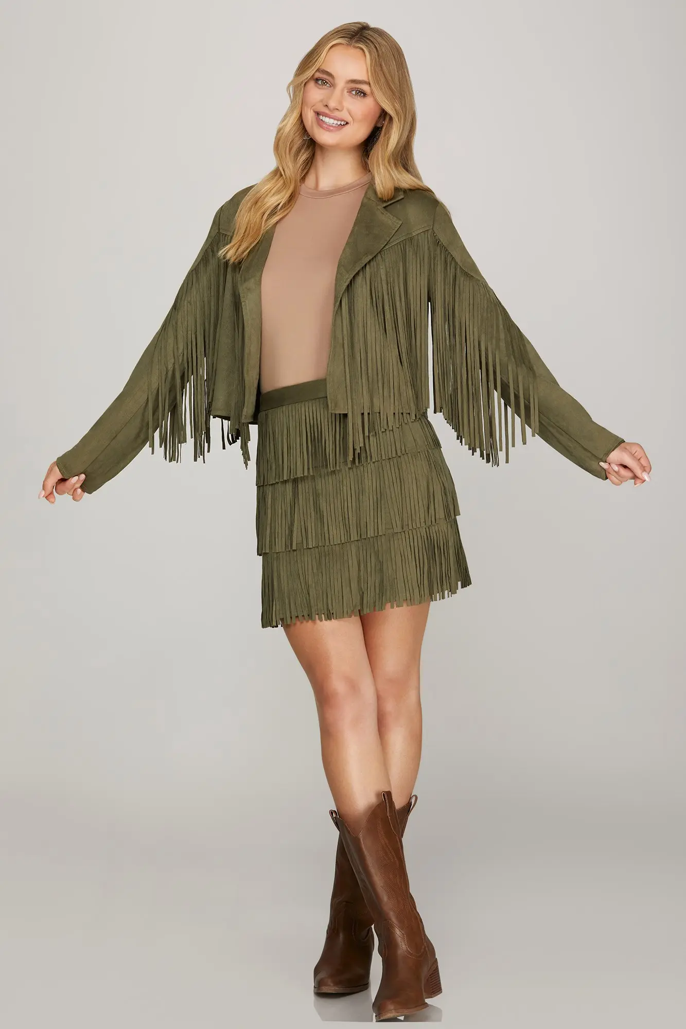 SHE & SKY Faux Suede Fringe Mini Skirt in olive - view 2