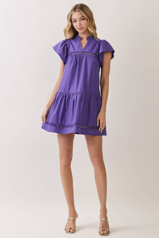 Purple lace-trim shift mini dress back view