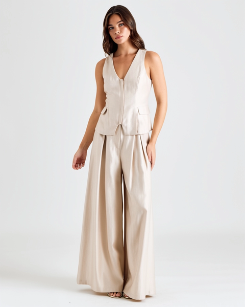 Champagne Button-Front Tailored Vest with V-neckline