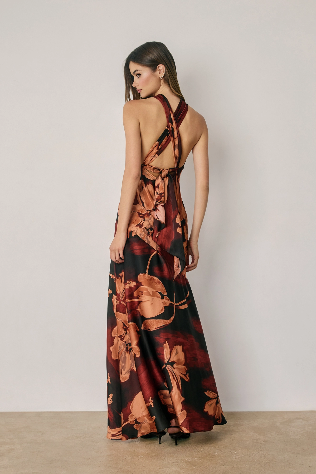 Black / Brown Floral Halter Maxi Dress - back view