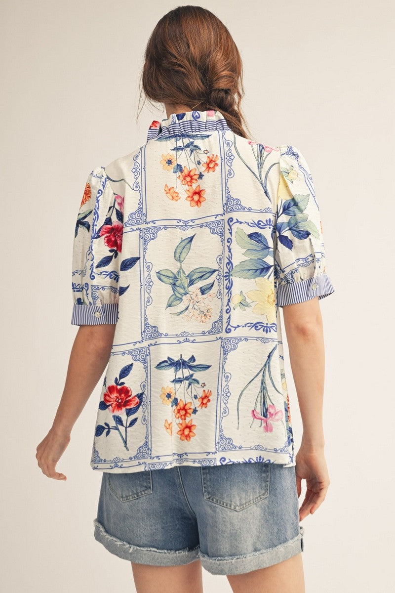 RUFFLE NECK FLORAL BUTTON DOWN TOP