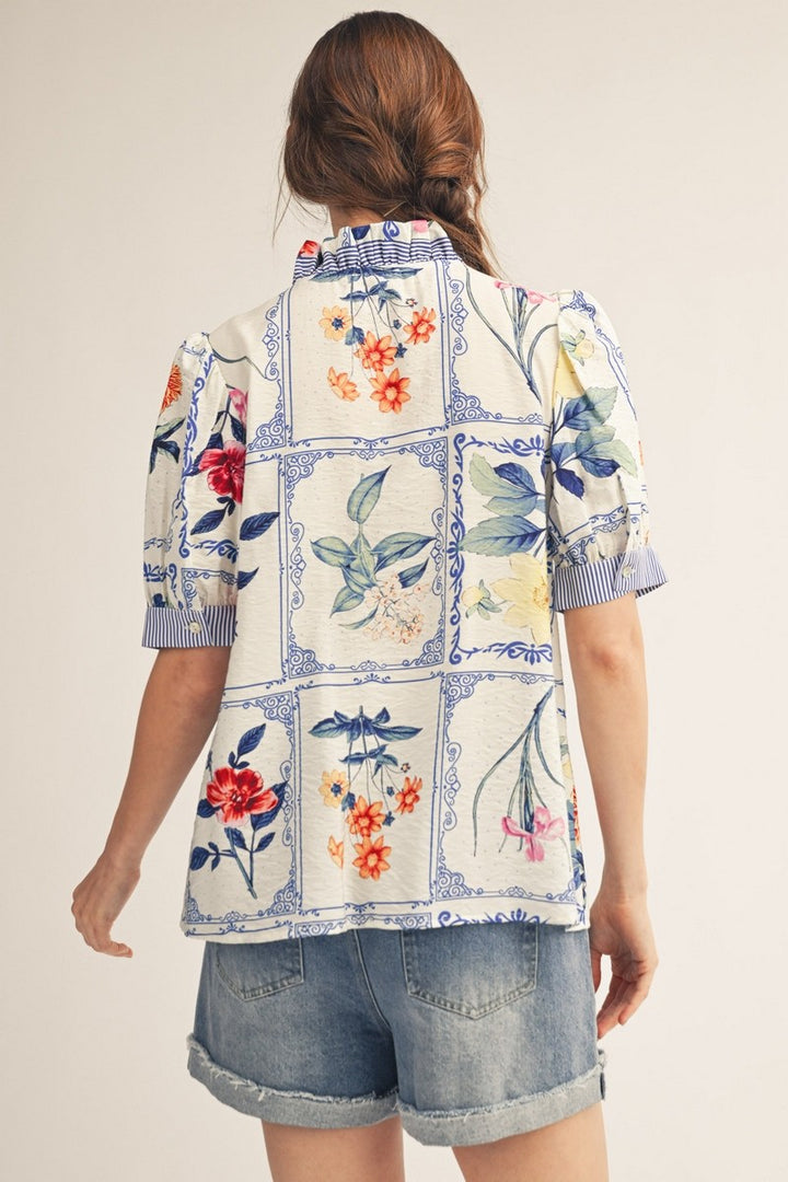 RUFFLE NECK FLORAL BUTTON DOWN TOP