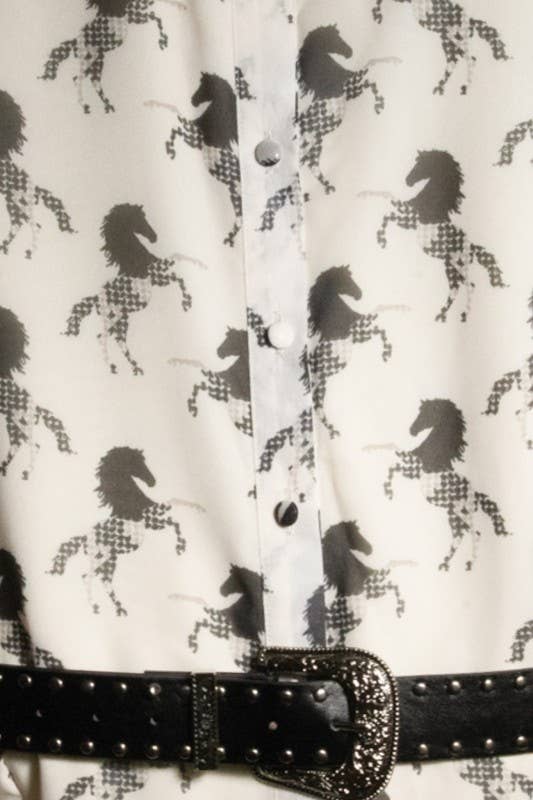 White / Black Horse-Print Belted Midi Dress - detail view