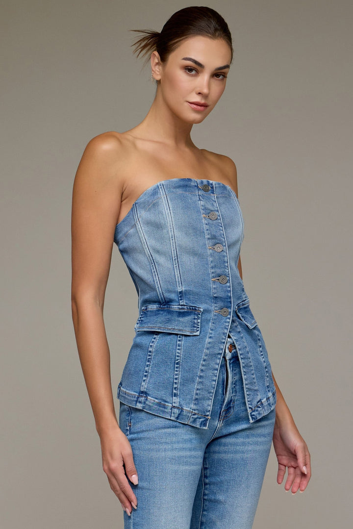 Medium-wash denim bustier, front view