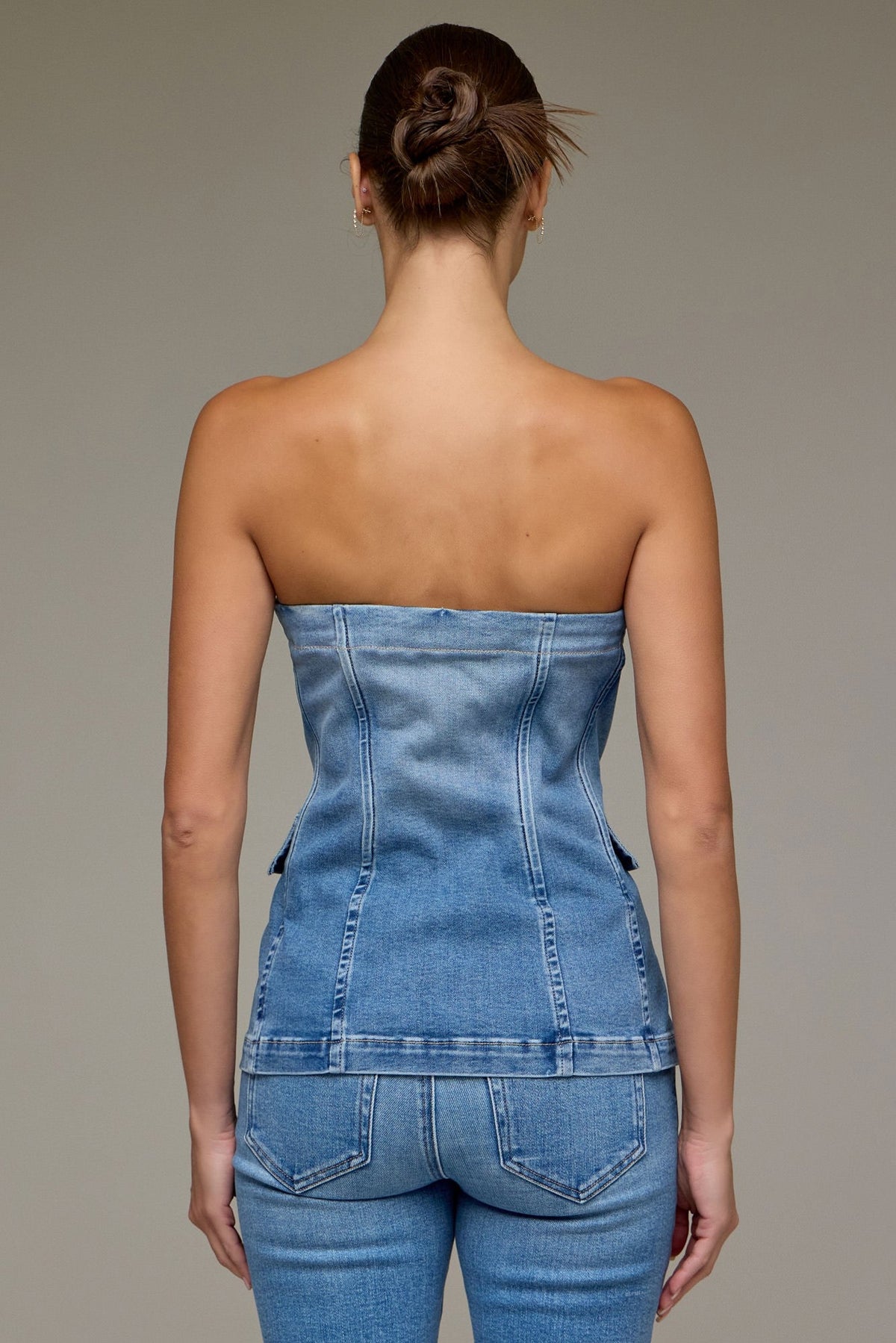 Strapless denim bustier with button front
