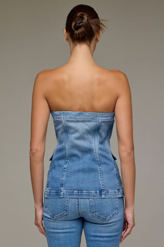 Strapless denim bustier with button front