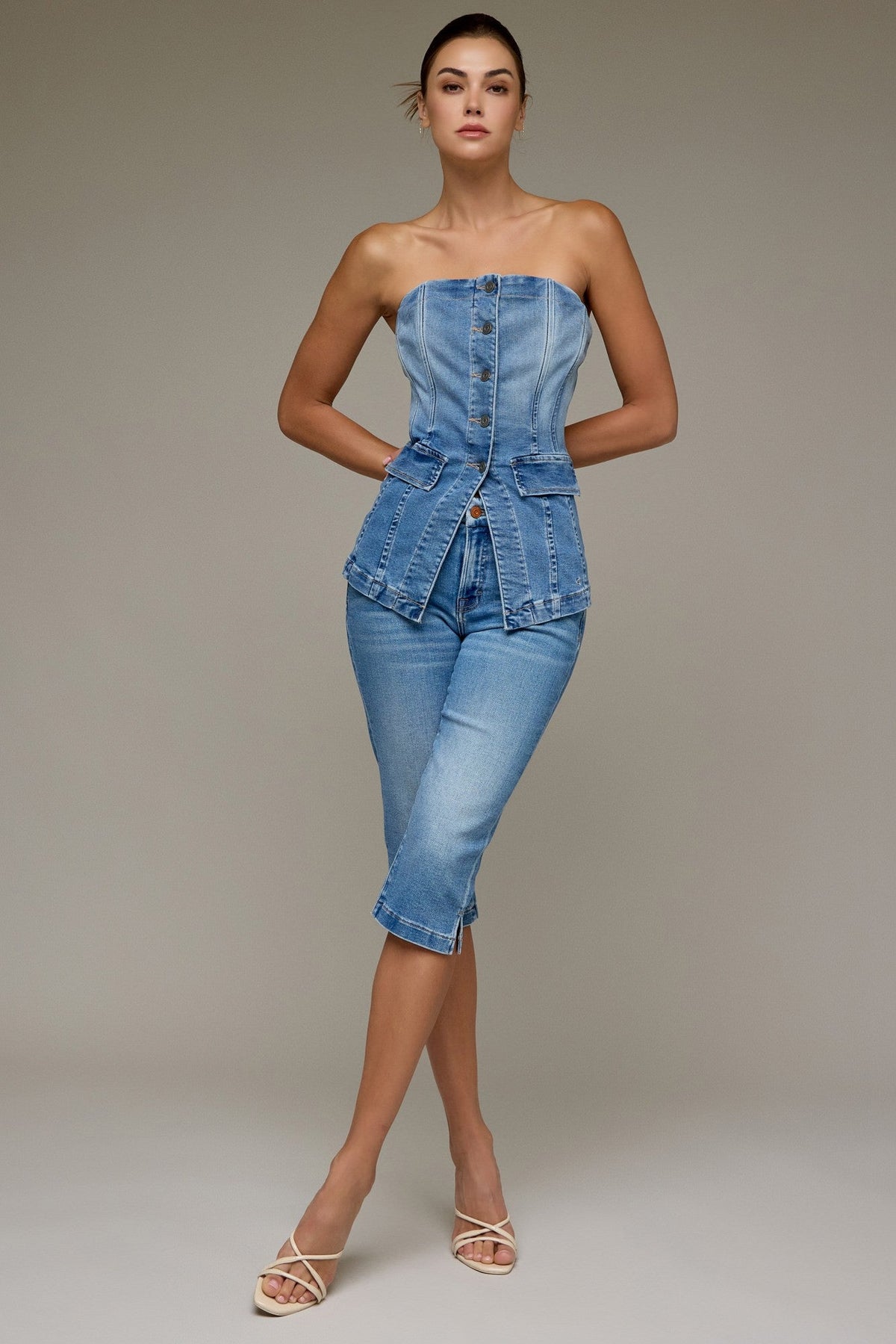 Denim tuxedo bustier with sculpting vertical seams