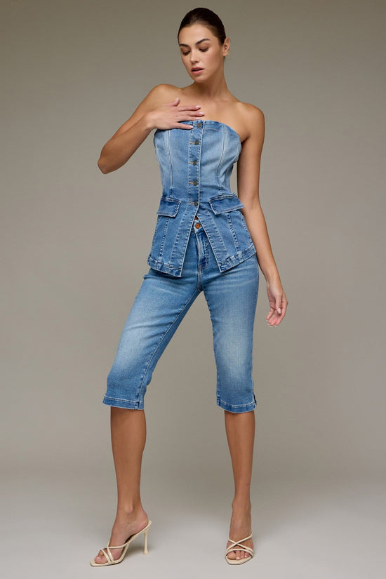 Tuxedo-inspired flap pockets on denim bustier