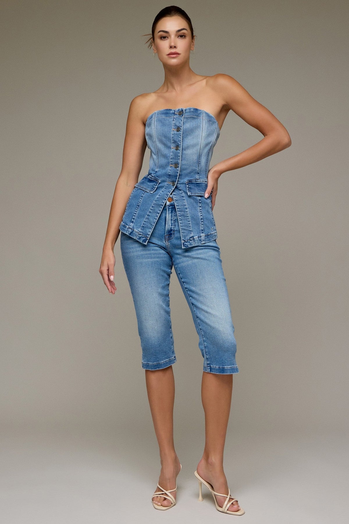 Pointed split hem detail on denim bustier